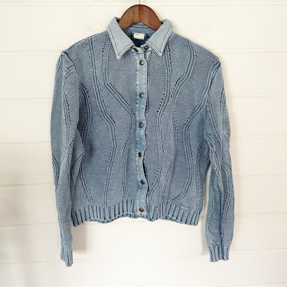 EUC Vintage Blue Willi’s Denmark Cable Knit Jacket Sweater Denim Snap Front L